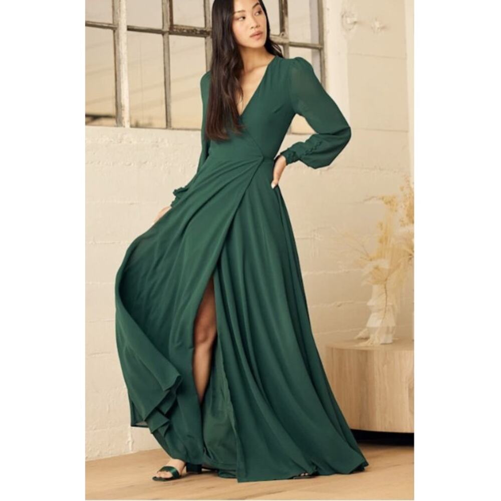 Lulu's Dark Green Wrap Maxi Dress Size M Sheer Sleeve Wedding Guest Formal